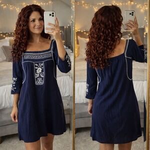 J.Crew Navy Blue Embroidered Cotton Square Neck Mini Dress Womens Size Small